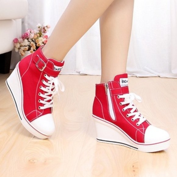Shoes - Strap High Top Canvas Wedge Sneakers - Red 7